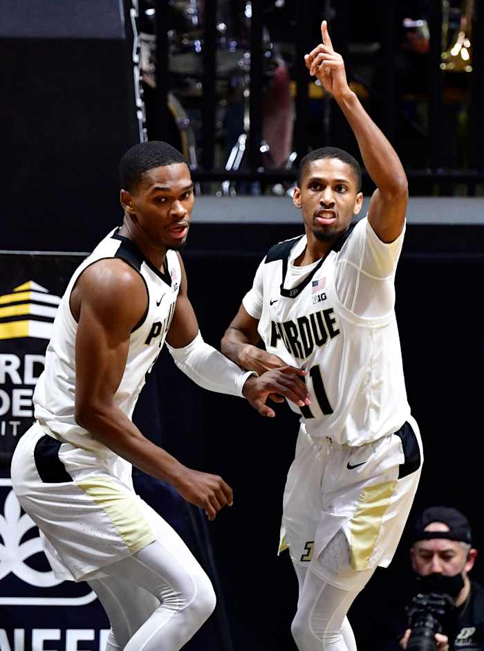 Isaiah Thompson reacts after scoring a basket.